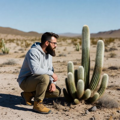 Man crouching near saguaro cactus