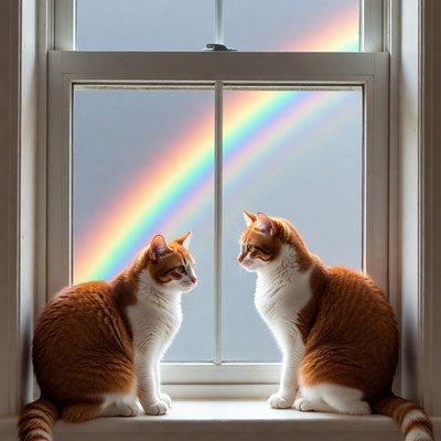 Two orange cats at rainbow window