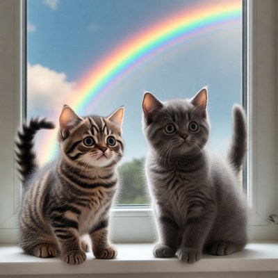 Kittens watching rainbow through window