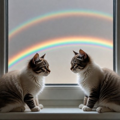 Two Cats Watching Rainbow Window