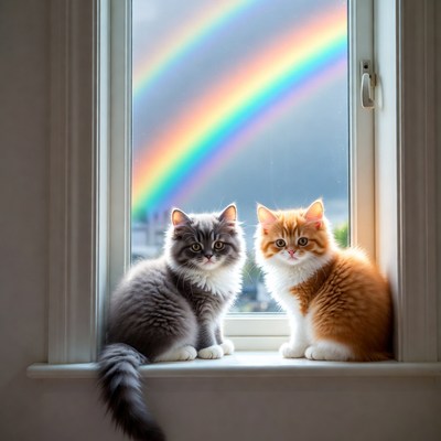 Gray and orange kittens watching rainbow