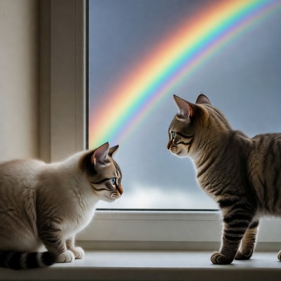 Two Cats Watching Rainbow Outside Window