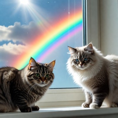 Two Cats Watching Rainbow Through Window