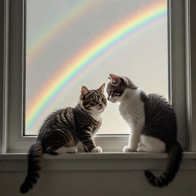 Two kittens watching rainbow through window