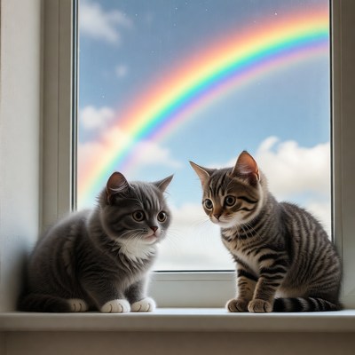 Two kittens watching rainbow through window