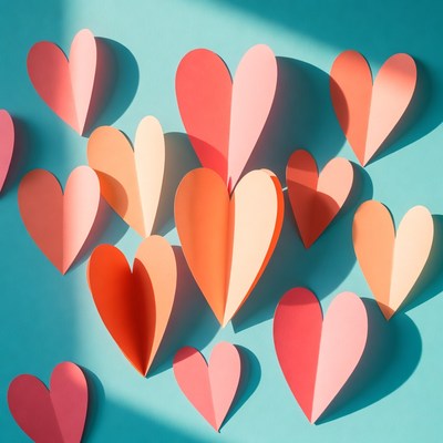 Colorful Paper Hearts on Blue Background