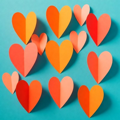 Colorful paper hearts on blue background