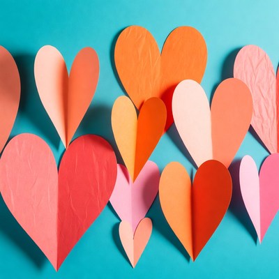 Colorful paper hearts on blue background