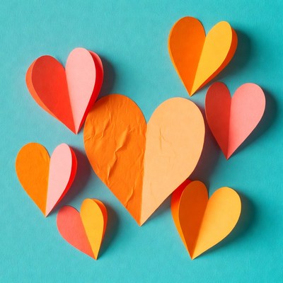 Colorful paper hearts on blue background