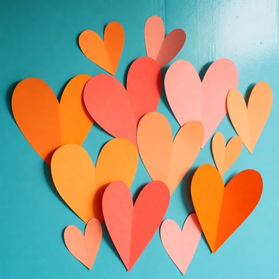 Colorful paper hearts on blue wall