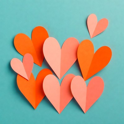 Colorful paper hearts on blue background