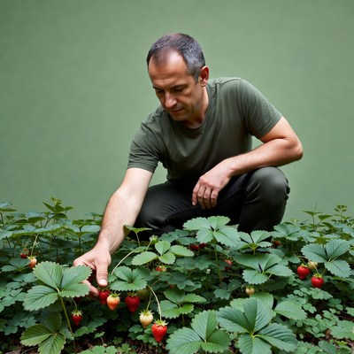 Man picking strawberries in garden