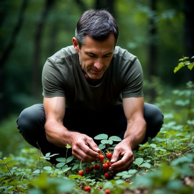 Man picking red berries in forest