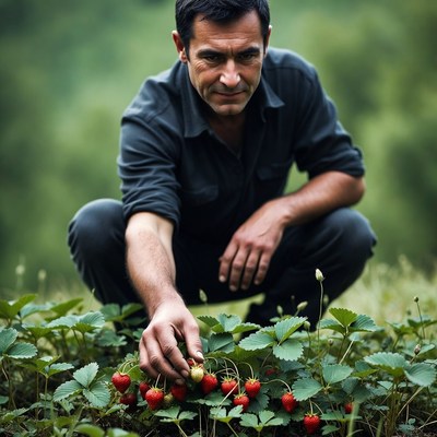 Man picking strawberries in field