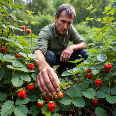 Man picking strawberries in forest