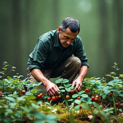 Man picking strawberries in forest