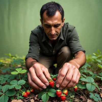 Man picking strawberries in garden