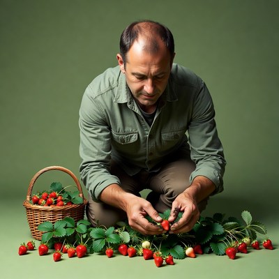 Man kneeling with strawberries