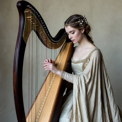 Woman playing harp in gown