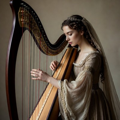 Woman playing harp in gown