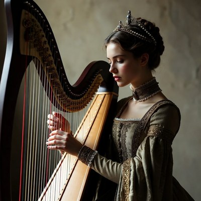 Woman playing harp in gown
