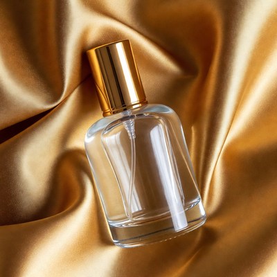 Perfume Bottle on Golden Fabric