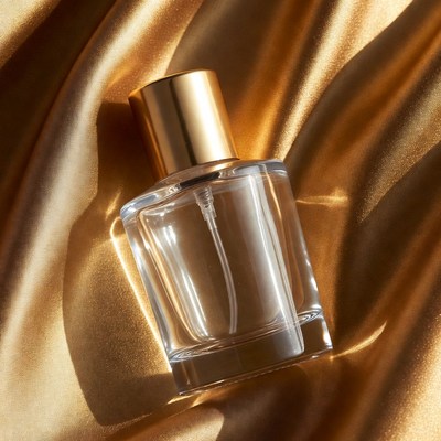 Perfume Bottle on Golden Fabric