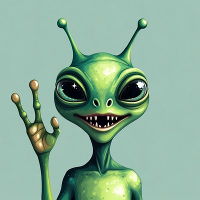 Green Alien Waving with Grin