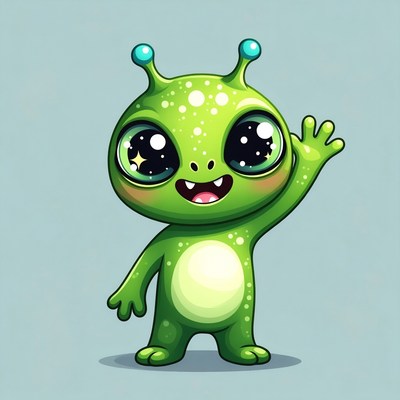 Cute green alien waving