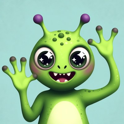 Cute green alien waving