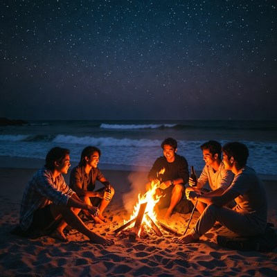 Friends around beach bonfire at night