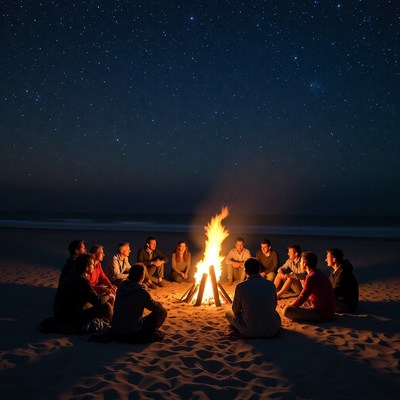 Group around beach bonfire at night