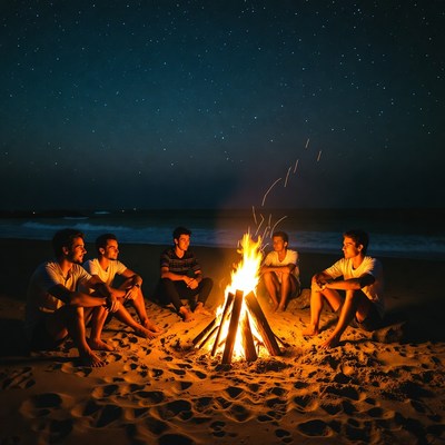 Four men around beach bonfire at night