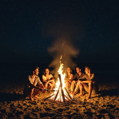 Friends sitting around beach bonfire at night