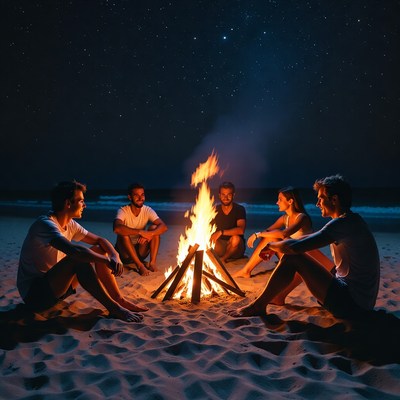 Group around beach bonfire at night