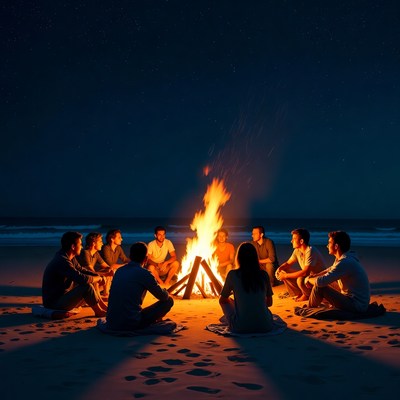 Group around beach bonfire at night