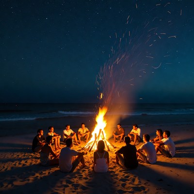 Group around beach bonfire at night