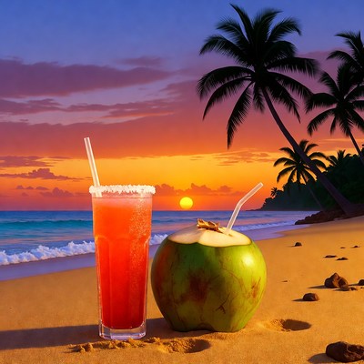 Margarita and Coconut on Tropical Beach Sunset