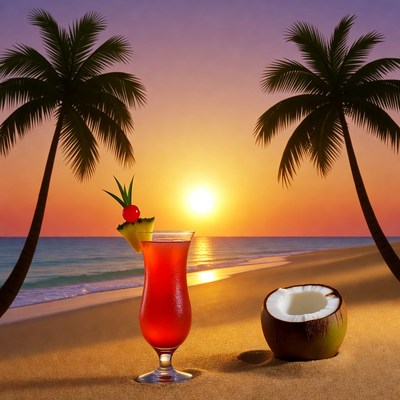 Red Tropical Drink on Beach Sunset