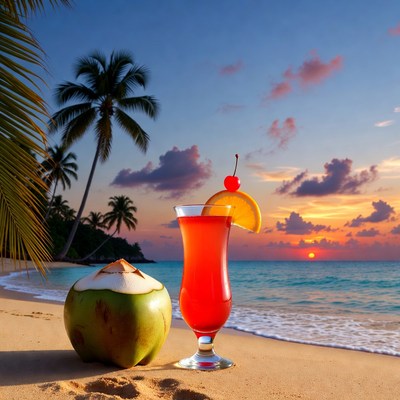 Coconut and Red Cocktail on Tropical Beach Sunset