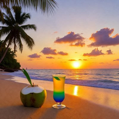 Coconut and Blue Cocktail on Beach Sunset