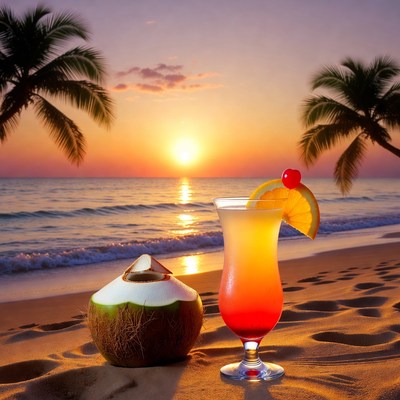 Tropical Coconut and Cocktail on Beach Sunset