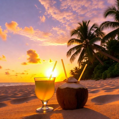 Coconut and Yellow Cocktail on Beach Sunset