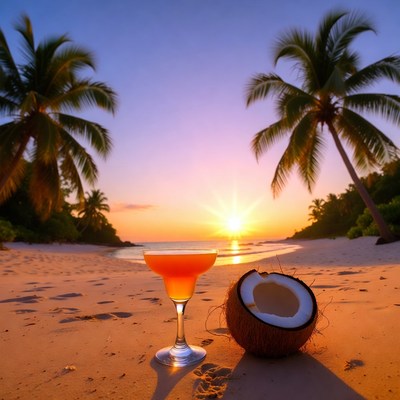 Tropical Sunset Beach with Cocktail