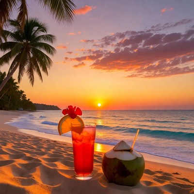 Tropical Beach Sunset with Cocktail and Coconut