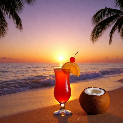 Tropical Cocktail with Coconut on Beach Sunset