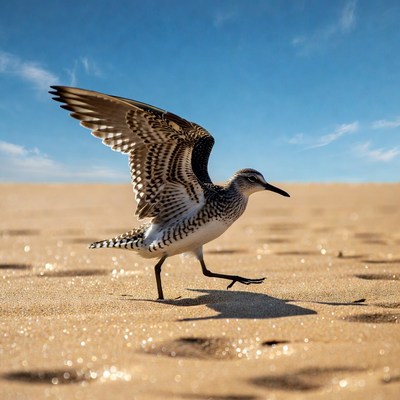 Whimbrel bird spreading wings on beach