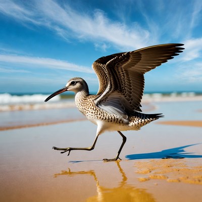 Whimbrel bird running on beach
