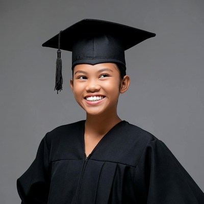 Asian girl in graduation gown smiling