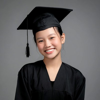 Asian girl in graduation cap and gown